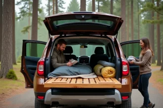 Aménagement intérieur d'un Dacia Duster converti en camping-car familial avec plateforme de couchage en bois et rangements tissu, garé en forêt