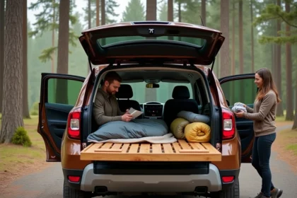 Aménagement intérieur d'un Dacia Duster converti en camping-car familial avec plateforme de couchage en bois et rangements tissu, garé en forêt