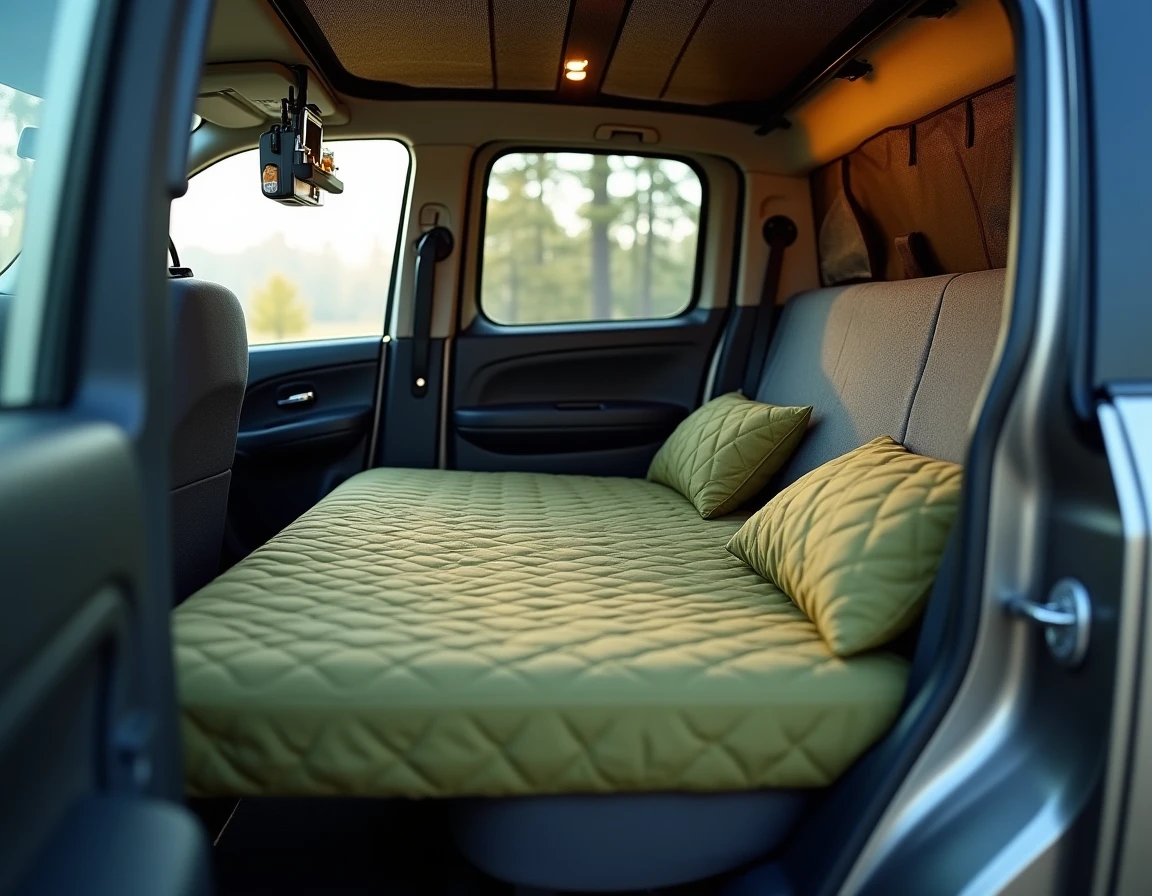 Intérieur d'un Dacia Jogger aménagé pour le camping en famille avec matelas de coffre, rangements au plafond et organisation du tableau de bord