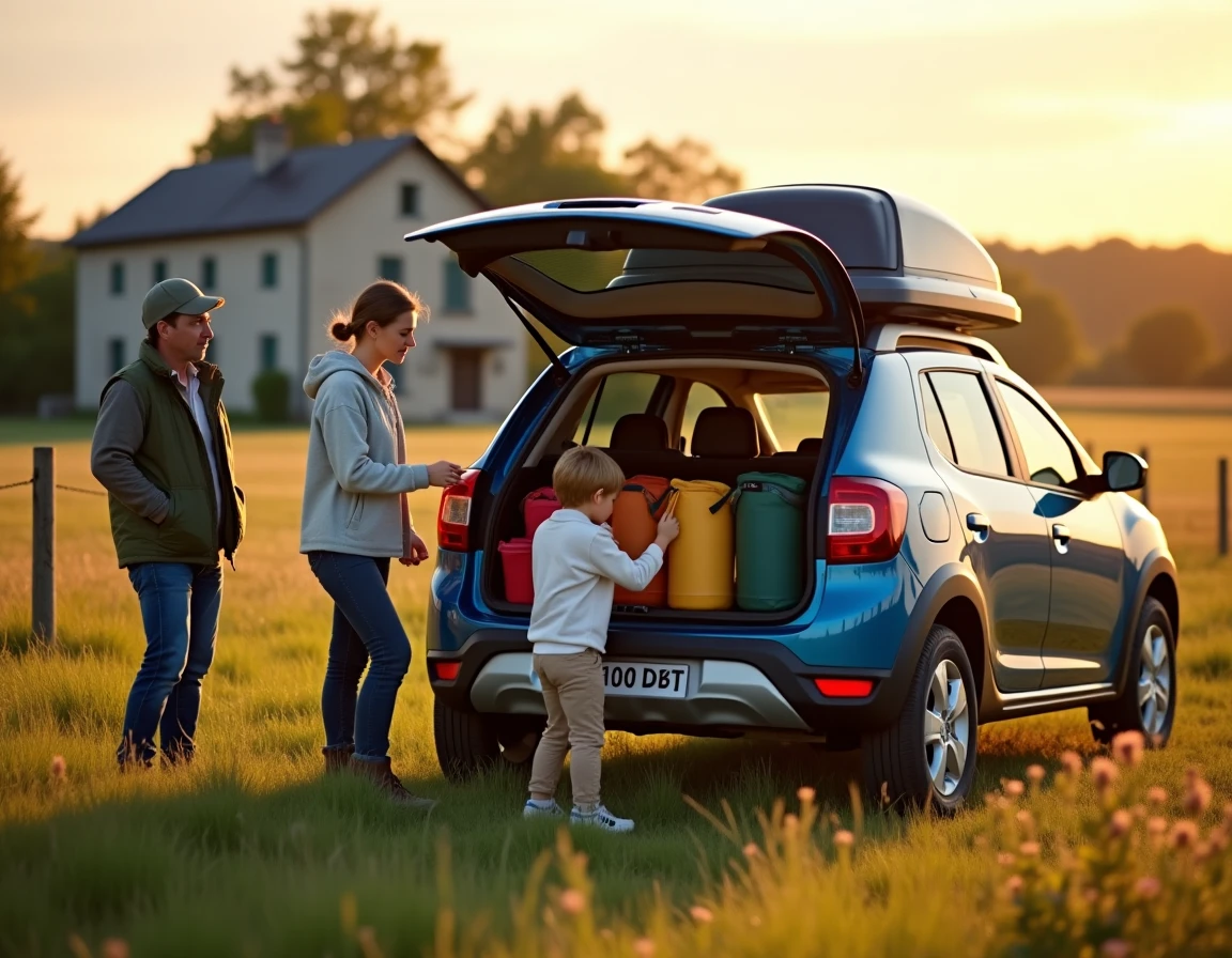 Famille déchargeant un Dacia Sandero Stepway équipé d'un coffre de toit à l'arrivée sur un camping à la campagne, avec table pliante et sacs de rangement colorés