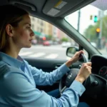Jeune femme débutante stressée au volant dans la circulation urbaine dense