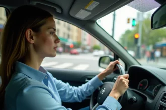 Jeune femme débutante stressée au volant dans la circulation urbaine dense