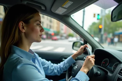 Jeune femme débutante stressée au volant dans la circulation urbaine dense