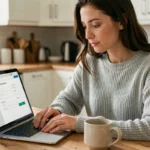 Femme remplissant une demande de devis assurance auto en ligne sur un ordinateur portable dans une cuisine moderne