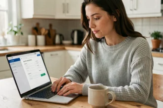 Femme remplissant une demande de devis assurance auto en ligne sur un ordinateur portable dans une cuisine moderne