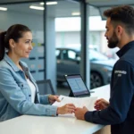 Femme déposant des documents de carte grise au comptoir d'un centre auto Norauto
