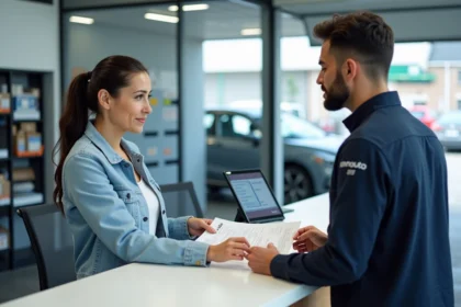 Femme déposant des documents de carte grise au comptoir d'un centre auto Norauto