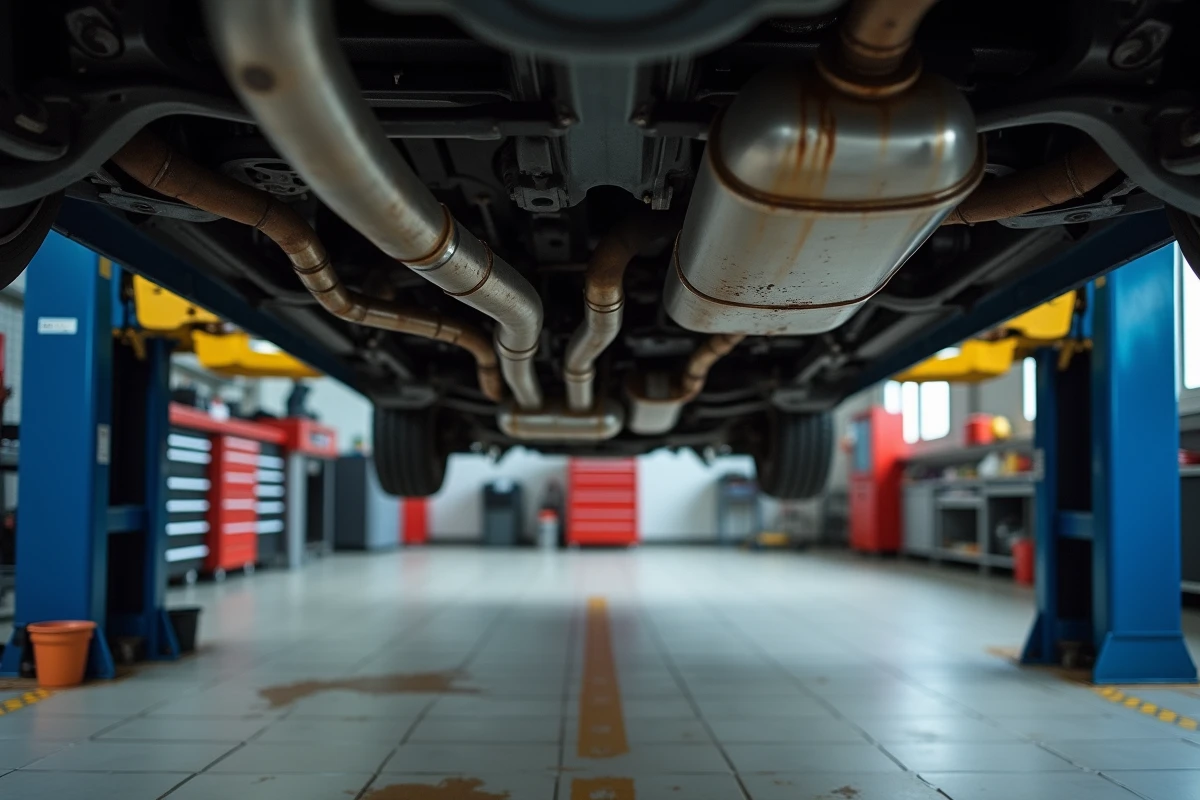 Vue du dessous d'une Peugeot 207 sur pont élévateur montrant le catalyseur et le filtre à particules