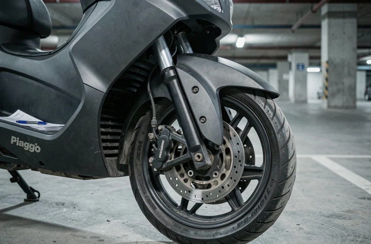 Détail des roues avant du scooter Piaggio MP3 400 LT avec un document d'assurance posé sur la selle dans un parking souterrain, illustrant la souscription d'une formule d'assurance scooter trois roues