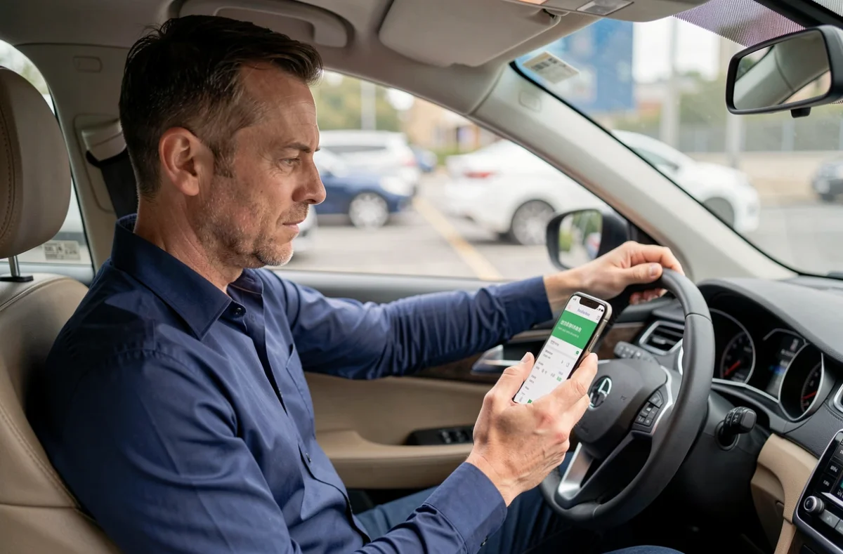 Homme utilisant son smartphone dans sa voiture pour obtenir un devis assurance auto en ligne