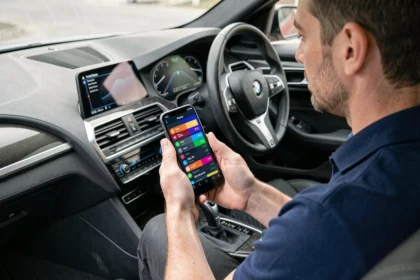 Technicien utilisant une application de diagnostic BMW sur smartphone à l'intérieur d'un véhicule premium