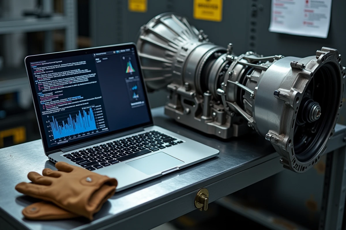 Écran de diagnostic affichant des codes de défaut de boîte automatique Eat8 posé sur un établi avec des composants de transmission démontés