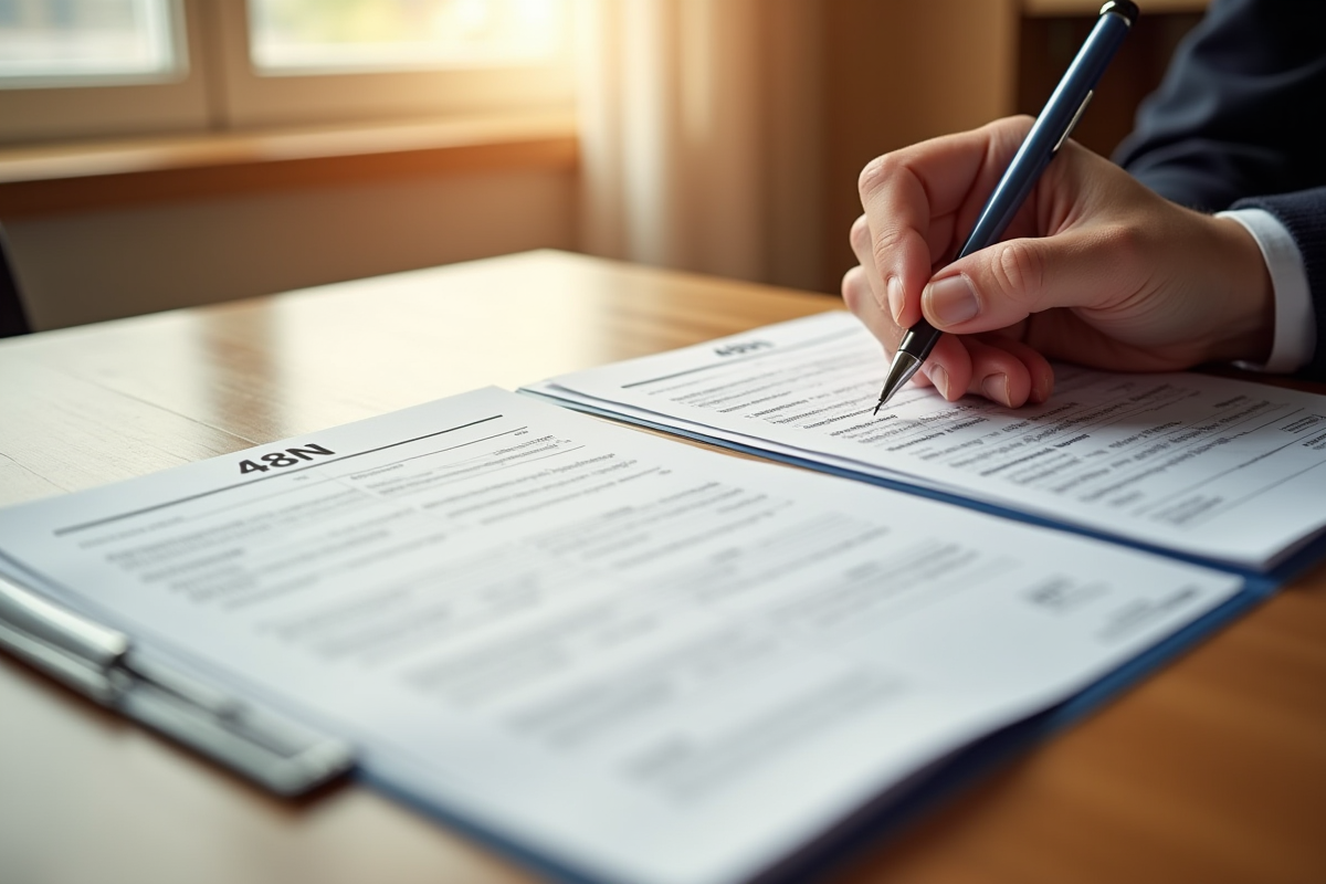 Documents administratifs français avec 48N et 48M sur un bureau en lumière naturelle