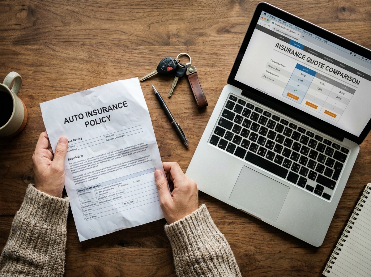 Documents d'assurance auto posés sur un bureau avec des clés de voiture et un ordinateur portable pour comparer les offres pour jeune conducteur