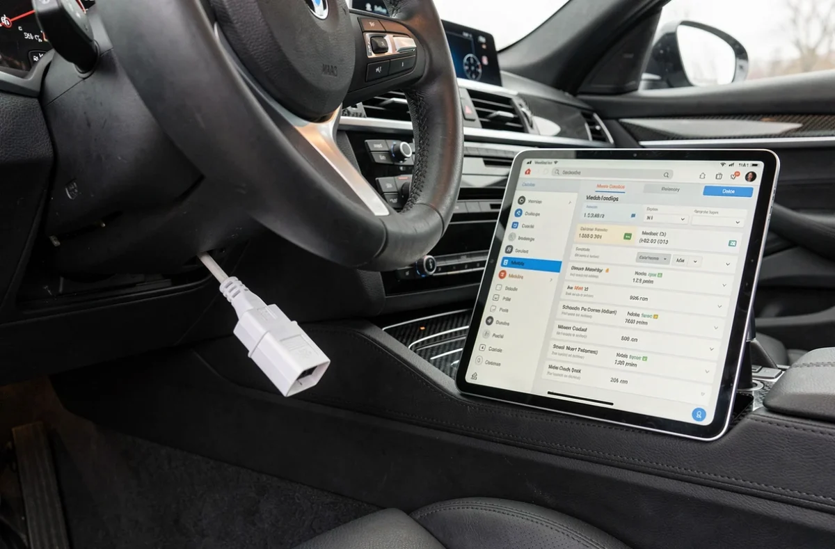 Dongle OBD2 branché sous le tableau de bord d'une BMW avec interface de codage sur tablette
