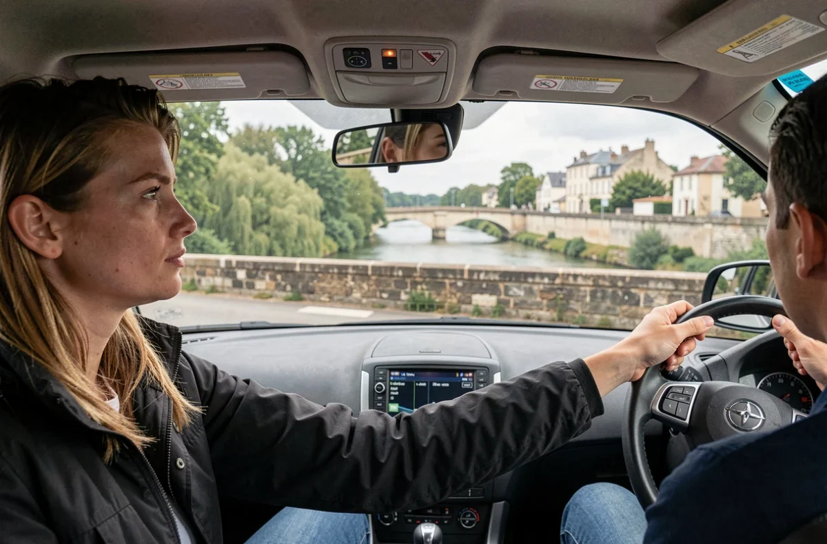 Élève et monitrice ECF traversant un pont à Montereau-Fault-Yonne en leçon de conduite