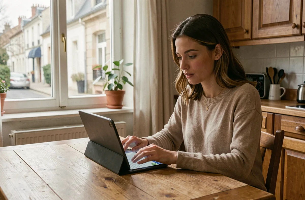 Apprenante suivant les cours en ligne d'En Voiture Simone depuis son appartement dans les Hauts-de-France