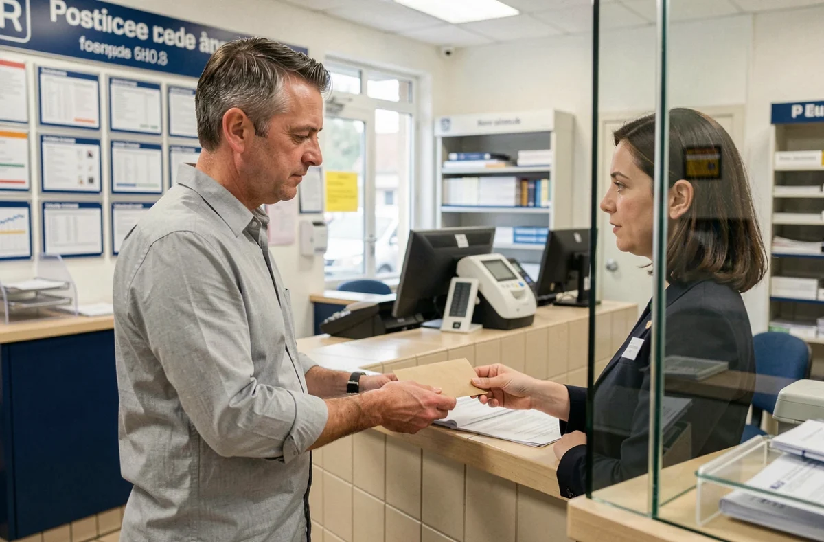 Homme envoyant une lettre recommandée de résiliation d'assurance scooter à la poste