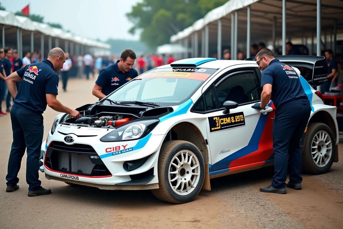 Équipe mécanique en train d'entretenir une voiture de rallye dans le parc d'assistance sur terrain de gravier