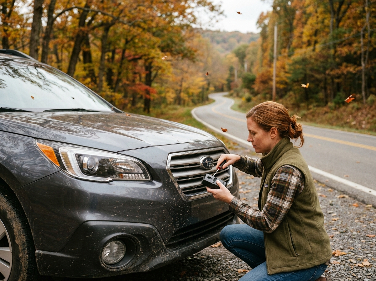 Femme équipant sa voiture d'un répulsif à gibier sur une route de campagne en automne pour prévenir les collisions