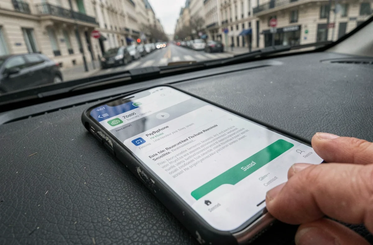 Écran de smartphone affichant une erreur de l'application PayByPhone posé sur le tableau de bord d'une voiture à Paris