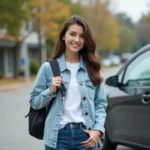 Jeune étudiante souriante devant une voiture compacte en location à 59 euros par mois sur un parking de campus universitaire