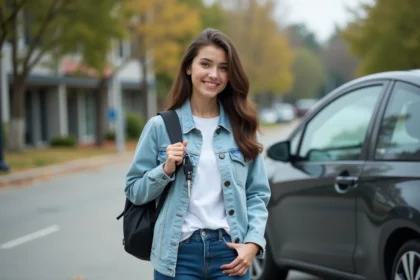 Jeune étudiante souriante devant une voiture compacte en location à 59 euros par mois sur un parking de campus universitaire
