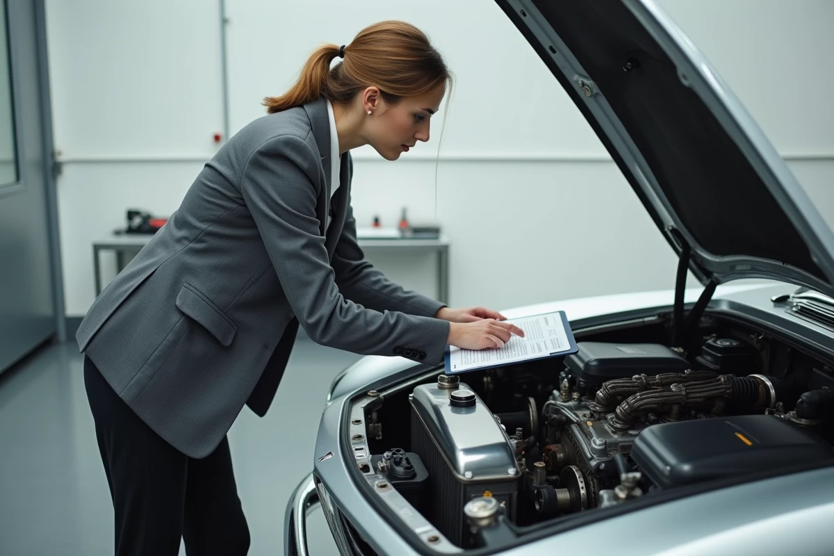 Experte en automobiles classiques inspectant le moteur V8 d'une BMW 507 en garage avant acquisition