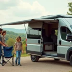 Famille souriante avec camping-car en nature