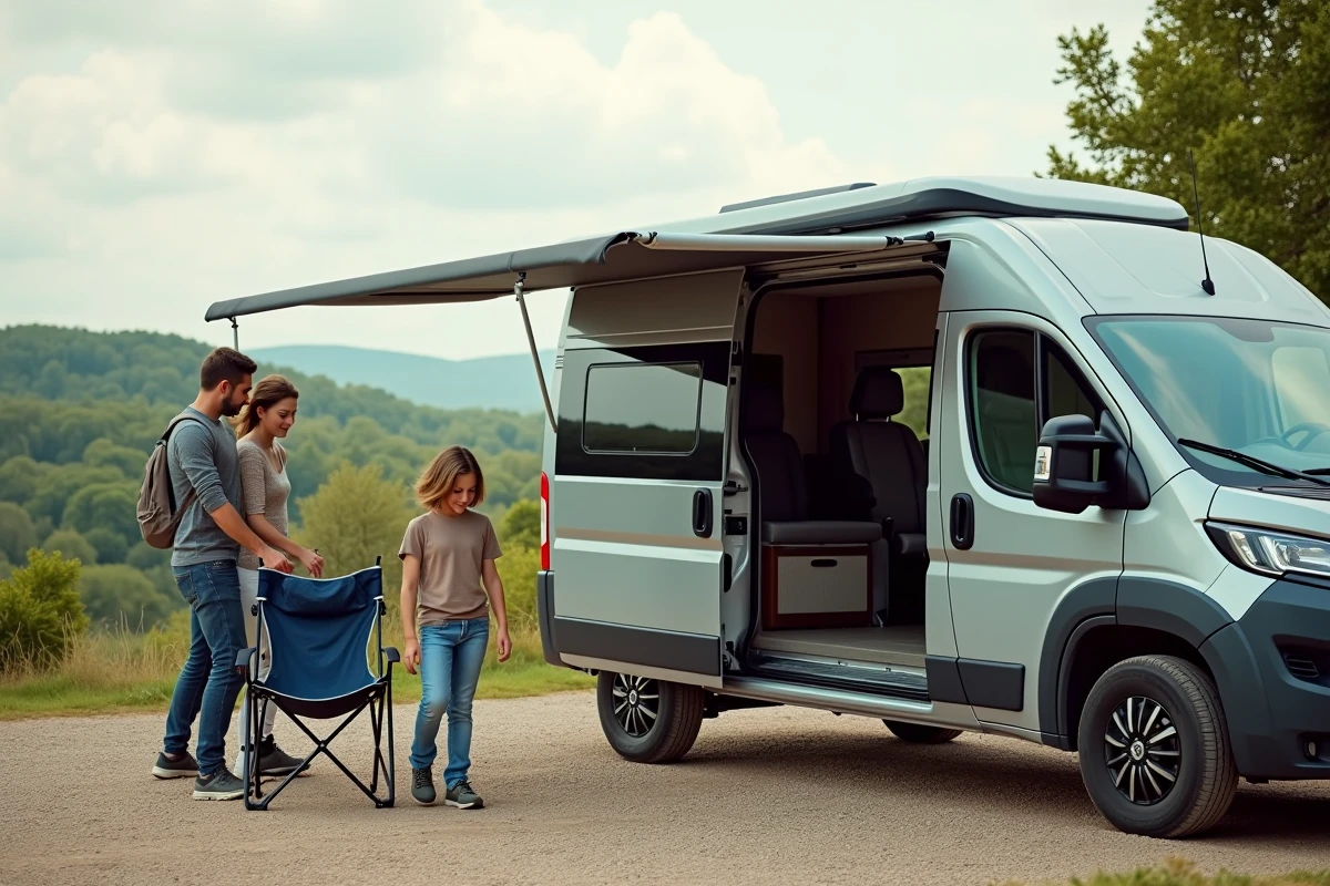 Famille souriante avec camping-car en nature
