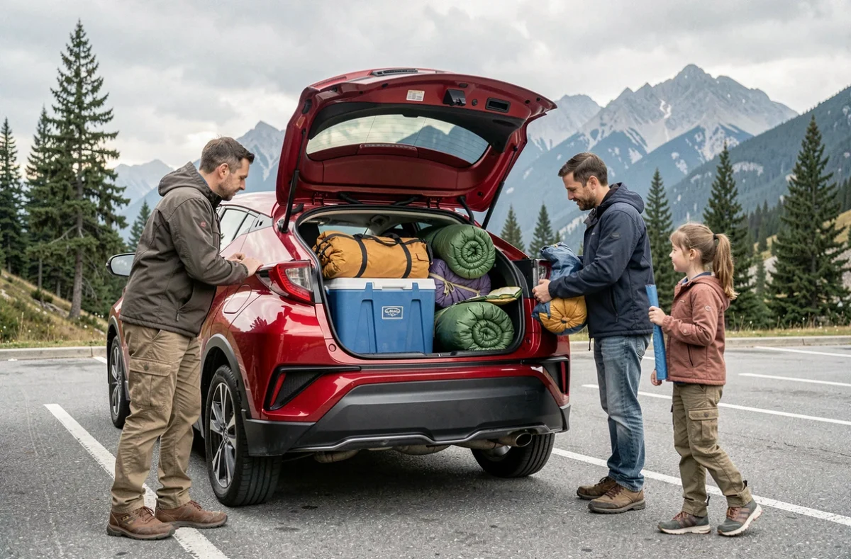 Famille inspectant un coffre Toyota C-HR organisé pour un voyage en montagne avec équipement outdoor