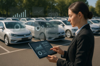 Femme d'affaires utilisant une tablette pour suivre une flotte de voitures modernes