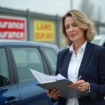 Femme d'âge moyen avec blazer bleu près d'une voiture en parking