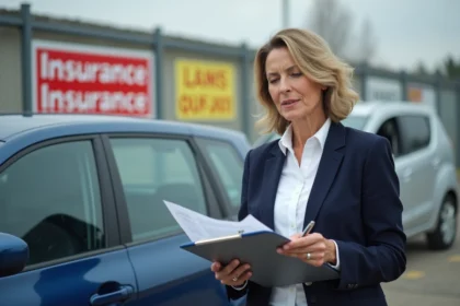 Femme d'âge moyen avec blazer bleu près d'une voiture en parking
