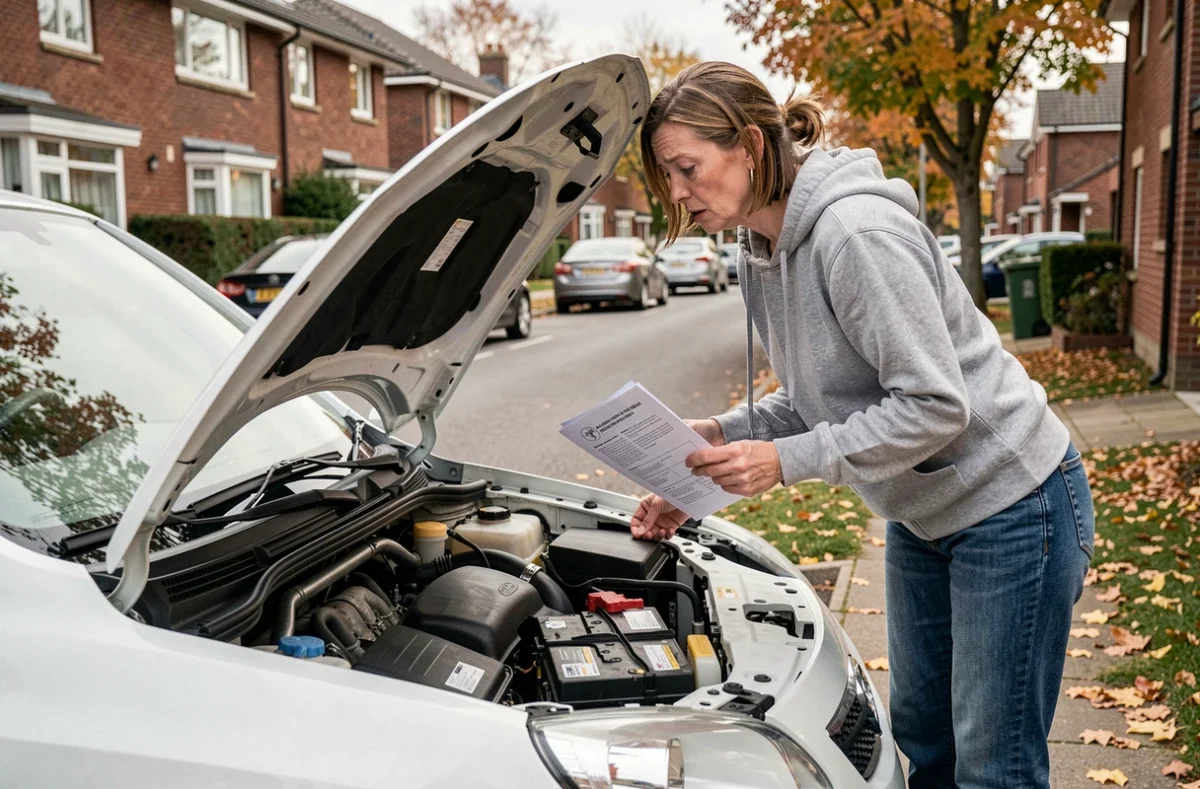 Femme perplexe consultant une notice avant de débrancher la batterie de sa voiture dans une allée résidentielle