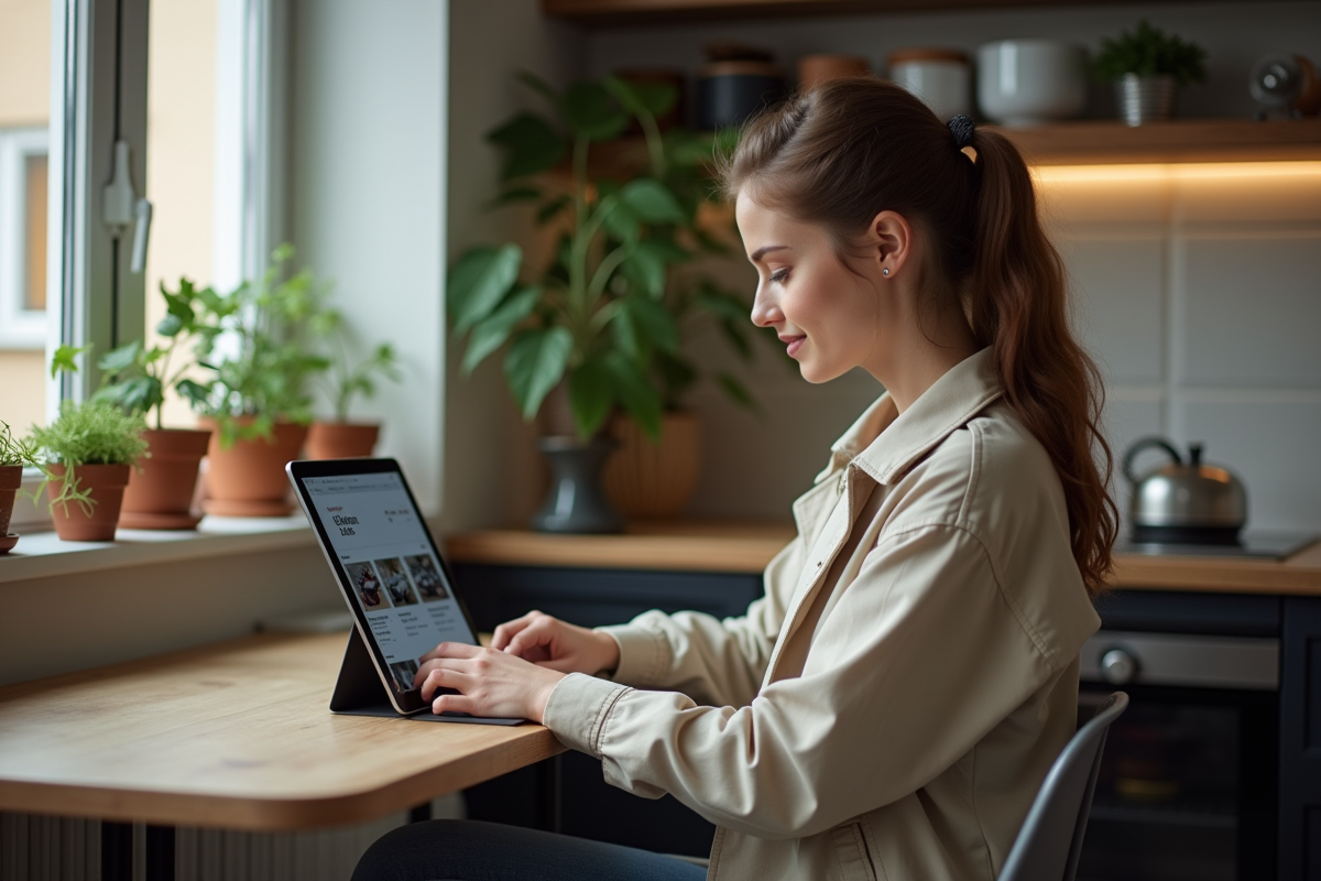 Femme cherchant des annonces moto sur tablette à la maison