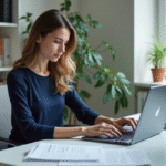 Jeune femme au bureau avec document de voiture français
