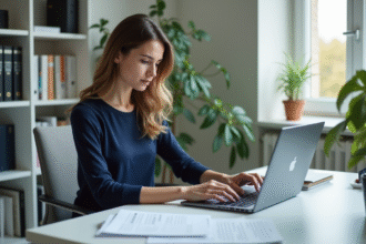 Jeune femme au bureau avec document de voiture français