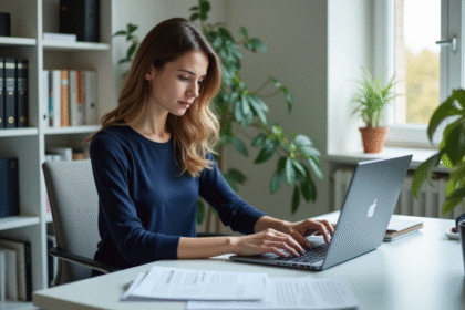 Jeune femme au bureau avec document de voiture français