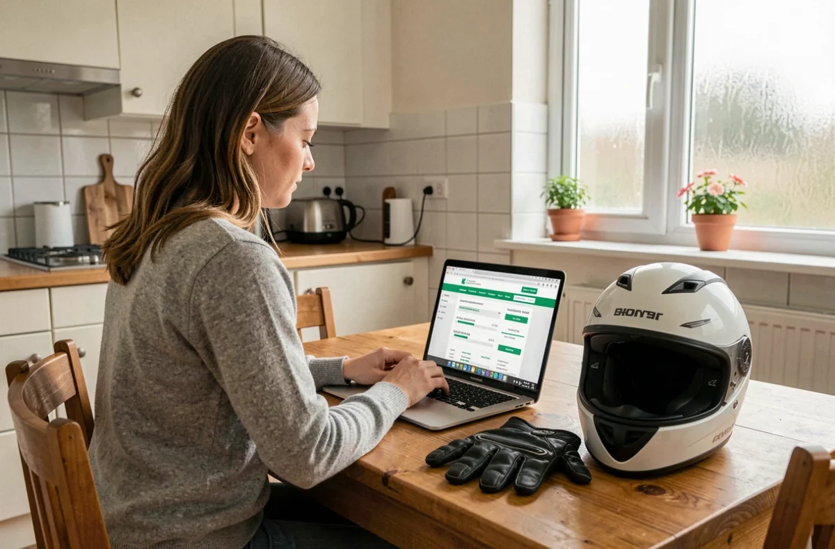 Femme comparant des assurances moto pas chères sur un ordinateur portable depuis son domicile