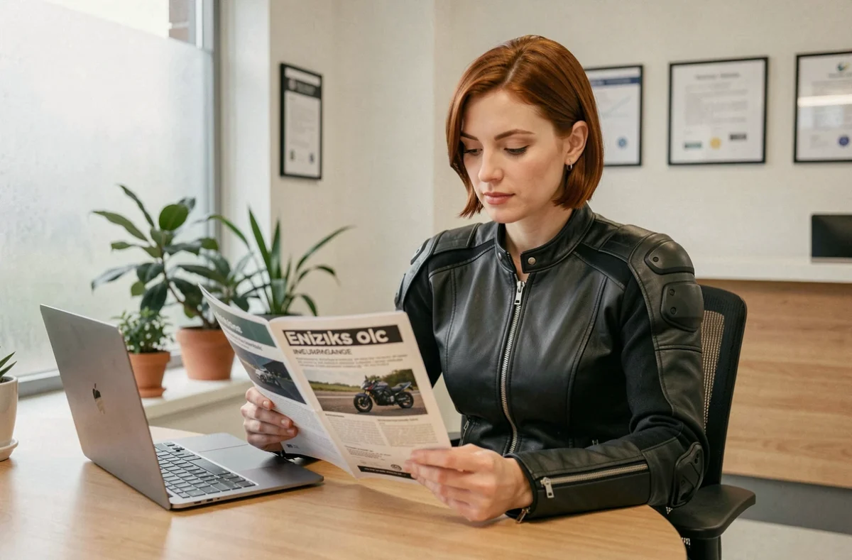 Femme comparant des offres d'assurance moto dans une agence à Rouen avec brochures et ordinateur portable