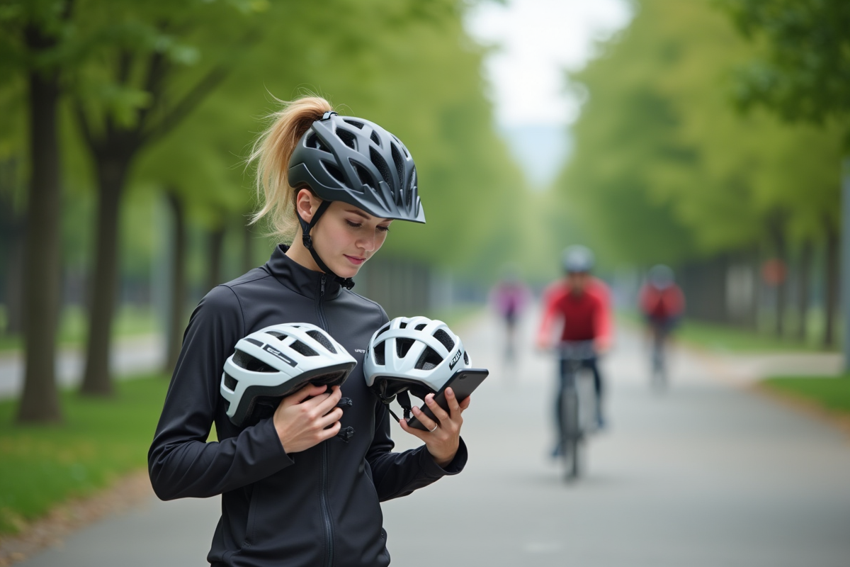Jeune femme comparant deux casques de vélo en extérieur