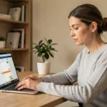 Femme comparant des devis d'assurance auto en ligne sur un ordinateur portable dans un bureau à domicile moderne