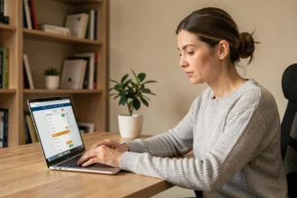Femme comparant des devis d'assurance auto en ligne sur un ordinateur portable dans un bureau à domicile moderne