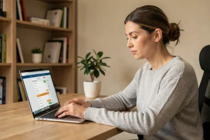 Femme comparant des devis d'assurance auto en ligne sur un ordinateur portable dans un bureau à domicile moderne