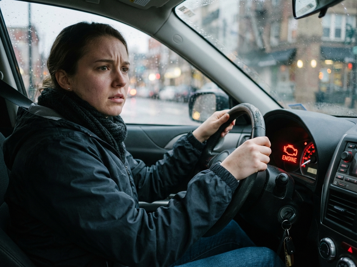 Jeune femme inquiète regarde le tableau de bord de sa voiture