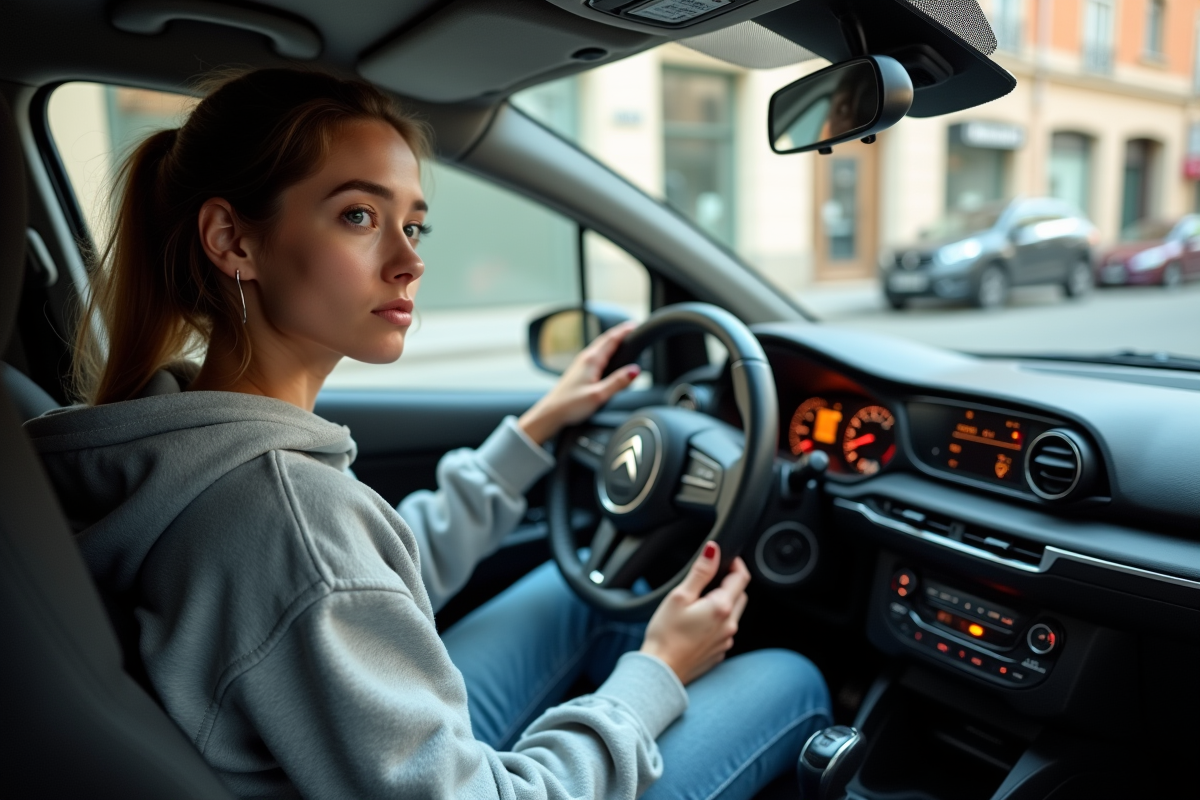 Jeune femme dans la voiture Citroen regarde le tableau de bord
