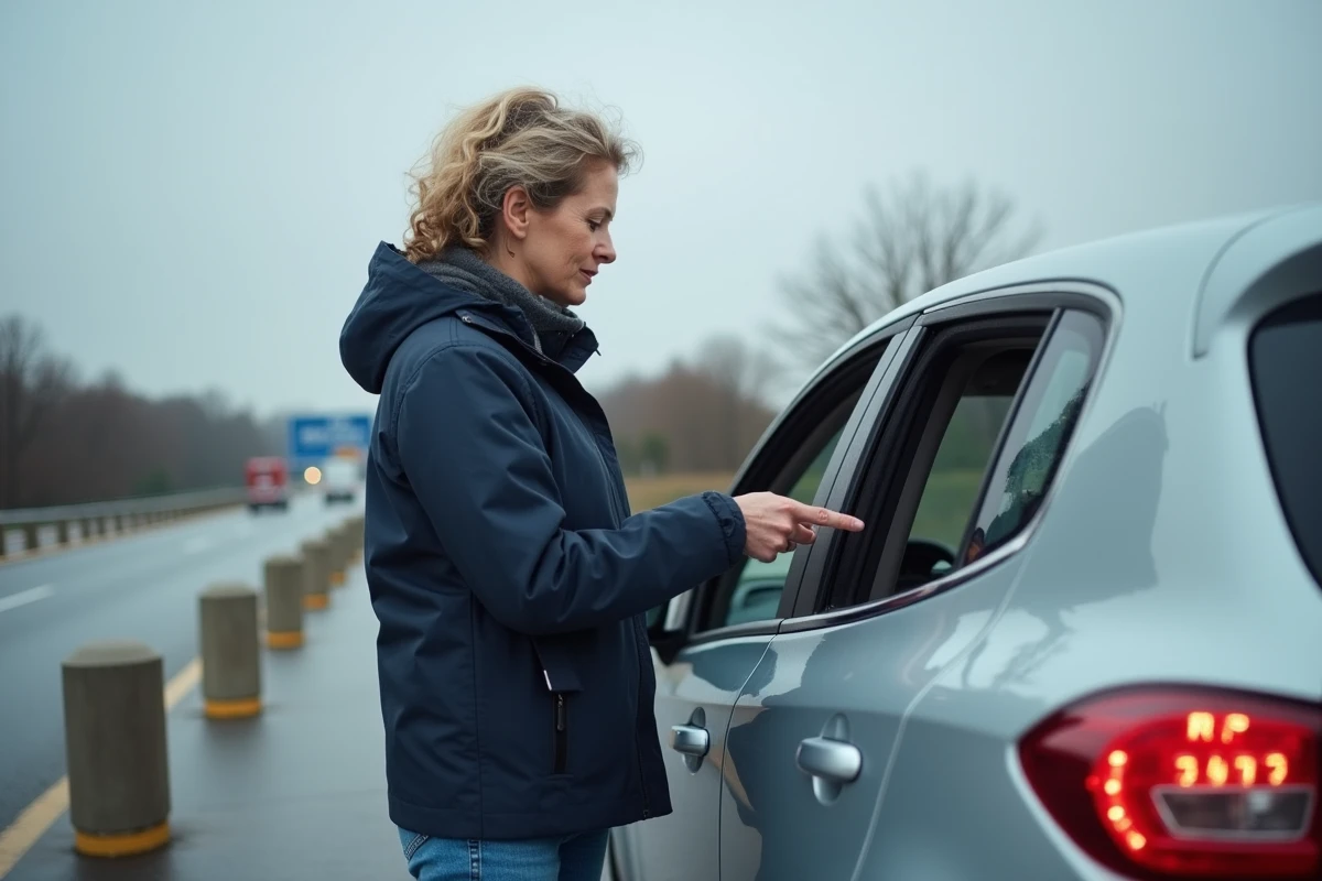 Femme examinant la consommation de carburant affichée sur écran de voiture dans une aire d'autoroute
