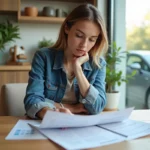 Jeune femme compare documents d'assurance voiture à la maison