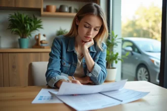 Jeune femme compare documents d'assurance voiture à la maison